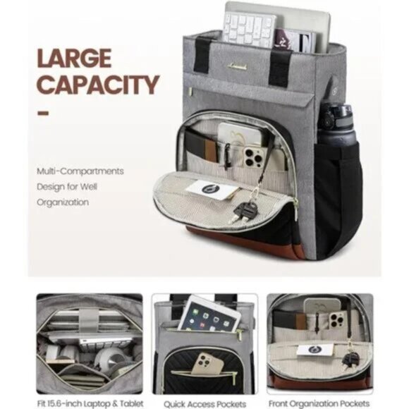 NEW 15.6 Inch Laptop Bag Backpack Grey&black&brown CONVERTIBLE TRAVEL BAG - Picture 3 of 7